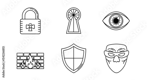 Vector  line drawings showing a padlock, keyhole, eye, firewall, shield, and a masked face in a graphic array on transparent background