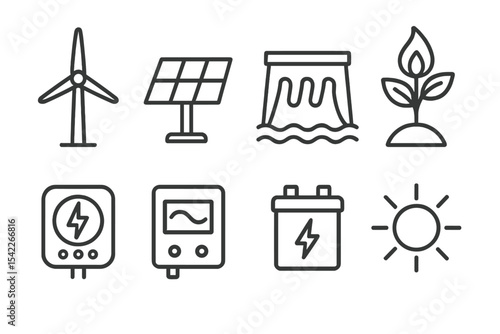 Renewable Energy Icons. Line style icons of renewable energy: wind turbine, solar panel, hydro power, biomass icon. energy meter,
