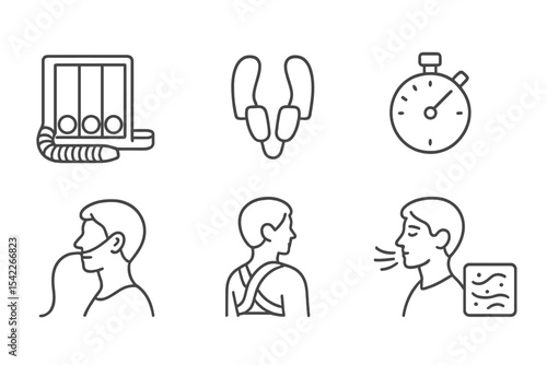 Breathing Therapy Icons. Line style icons of breathing therapy: spirometer, nose clip, breath timer, lung icon. breathing tube,