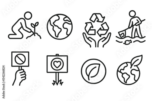 Eco-Friendly Icon Set. Line style icons of environmental protection: tree planting, earth symbol, recycling hands, ocean cleanup.