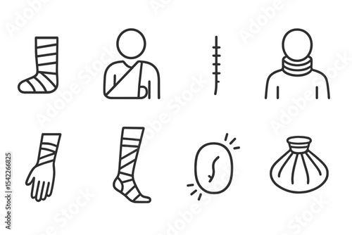 Medical Recovery Icons. Line style icons of medical recovery: leg cast, arm sling, surgical scar, neck collar. bandage wrap,