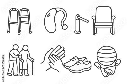 Elderly Rehabilitation Icons. Line style icons of elderly rehabilitation: walking frame, hearing aid, handrail, support chair.