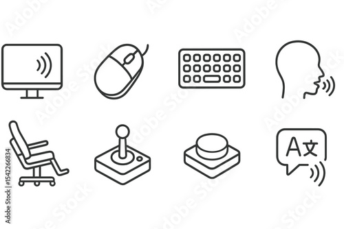 Assistive Tech Icons. Line style icons of assistive tech: screen reader, adaptive mouse, large keyboard, voice control. tilt chair