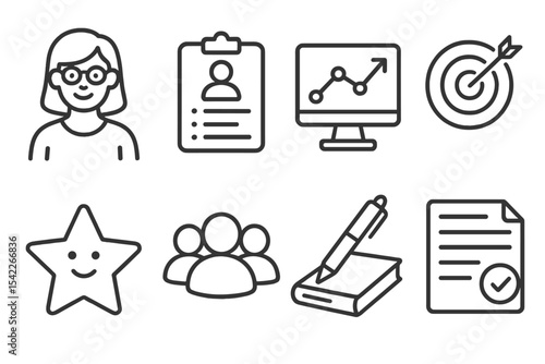 Learning Support Icons. Line style icons of learning support: special educator, individual plan, progress tracker, goal chart.