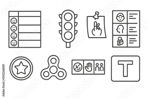 Behavior Support Icons. Line style icons of behavioral support tools: behavior chart, traffic light system, visual reminder,