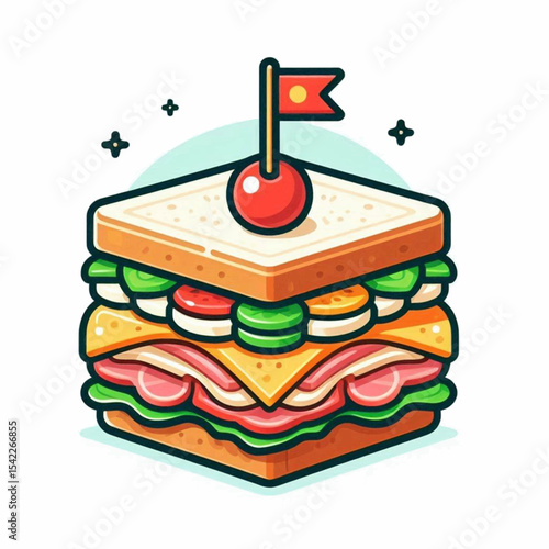Stylized sandwich with ham cheese  veggies topped with a cherry and flag