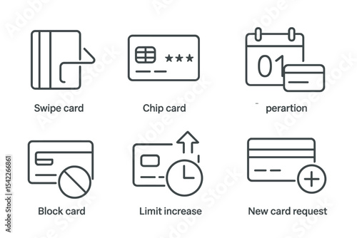 Credit Card Icons. Line style icons of credit card services: swipe card, chip card, CVV code, expiration date. block card, limit