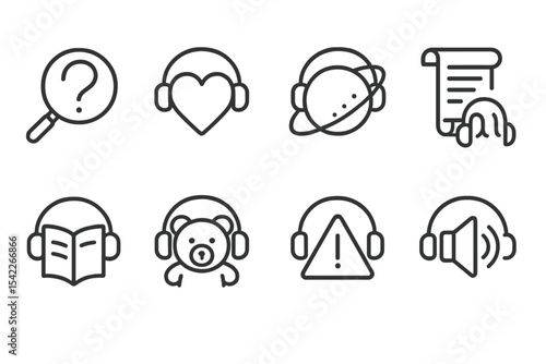 Audiobook Genre Icons. Line style icons of audiobook genres: mystery icon, romance symbol, sci-fi wave, history scroll. biography
