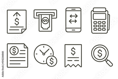 Financial Transaction Icons. Line style icons of financial transactions: deposit slip, cash withdrawal, online transfer, payment