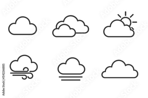 Cloudy Weather Icons. Line style icons of cloudy weather: cloud icon, broken clouds, overcast sky, partial sun. cloud with wind,