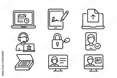 Remote Banking Icons. Line style icons of remote banking services: online appointment, e-signature, document upload, identity