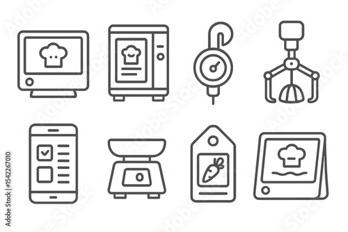 Home Robotics Icons. Line style icons of home robotics and automation: smart kitchen assistant, recipe dispenser unit, cooking