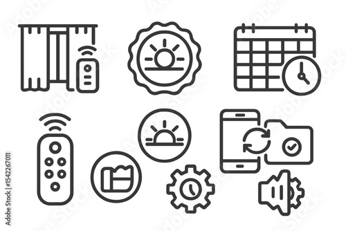 Home Automation Icons. Line style icons of home robotics and automation: smart curtain controller, sunlight detection badge, timer
