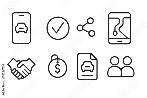 Future Mobility Icons. Line style icons of future mobility: ride-sharing app icon, digital pickup badge, co-ride match chart,
