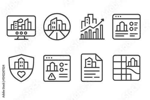 Urban Safety Icons. Line style icons of urban safety and smart infrastructure: integrated city dashboard icon, multi-zone monitor