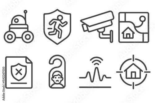 Home Robot Icons. Line style icons of home robotics and automation: security patrol robot, motion alert badge, night camera icon,
