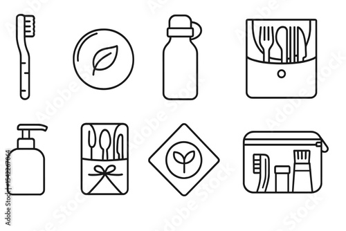 Eco Travel Icons. Line style icons of sustainable tourism and eco travel: bamboo toothbrush, solid shampoo bar, metal water bottle