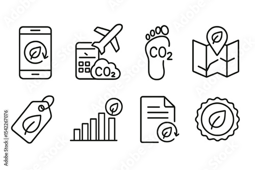 Sustainable Travel Icons. Line style icons of sustainable tourism and eco travel: carbon offset app, flight emission calculator,