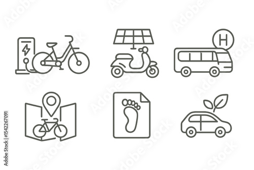 Sustainable Travel Icons. Line style icons of sustainable tourism and eco travel: electric bike rental, solar-powered scooter,