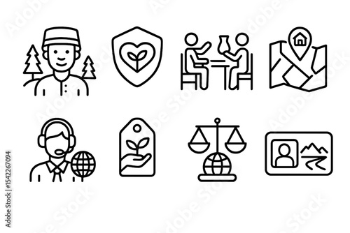 Eco Tourism Icons. Line style icons of sustainable tourism and eco travel: local community guide, eco-volunteering badge, cultural