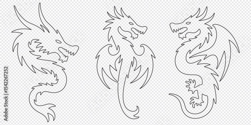 Dragon Silhouette. Dragon Crest Wings great set collection clip art Silhouette, dragon tattoo designs, Black vector illustration on white background