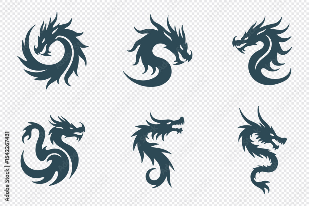 Fototapeta premium Set of Winged Dragons – Black Vector Silhouettes of Fantasy Reptile Creatures 