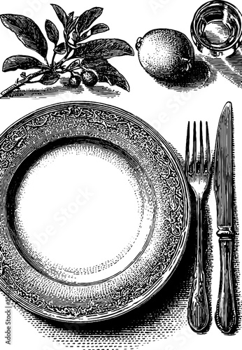 Vintage engraving of elegant plate and garnish with cutlery set
