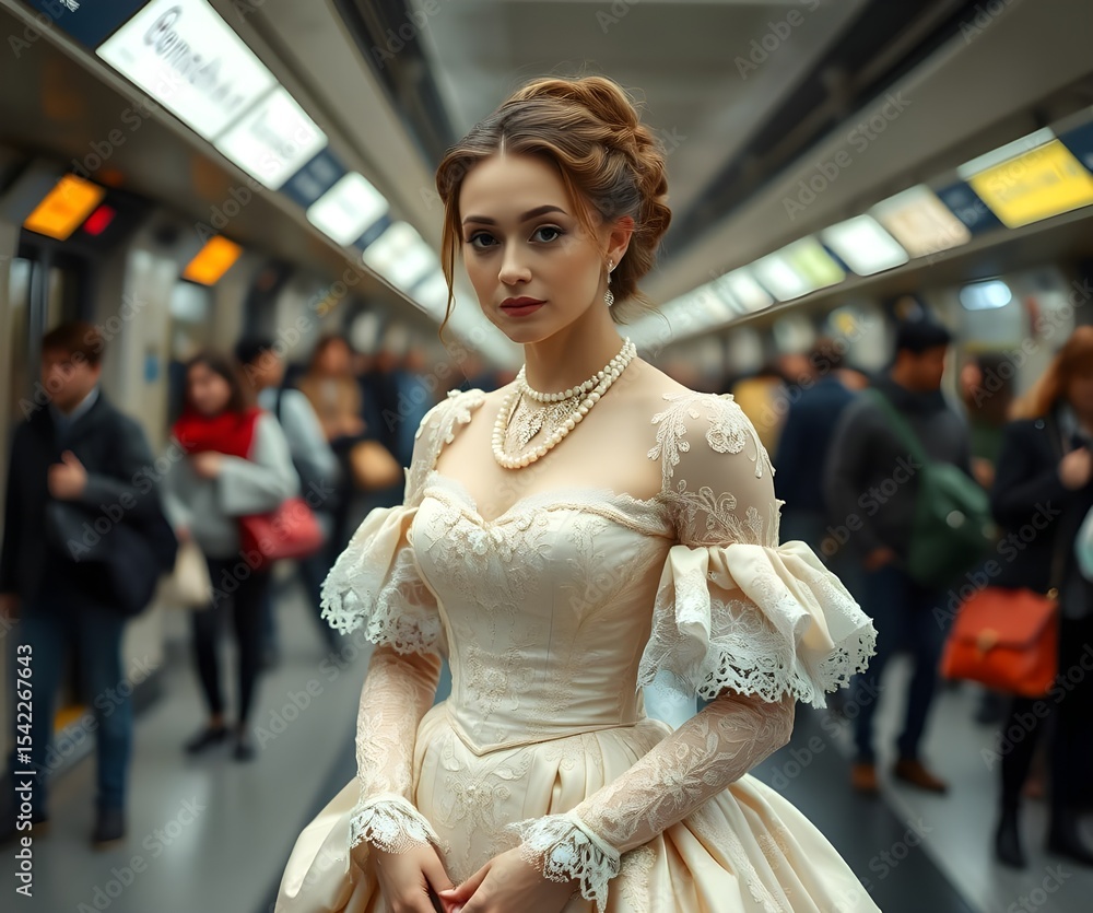 Naklejka premium woman wearing rococo style gown standing in modern subway