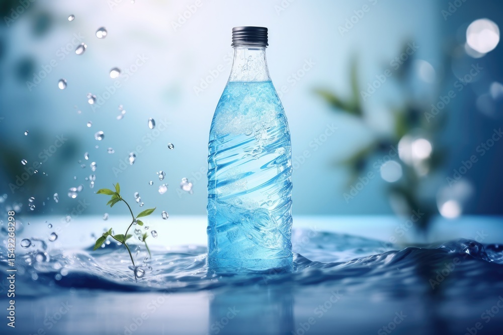 Water bottle, pristine freshness: A crystal-clear water bottle is presented against a background of cascading water and lush greenery, conveying refreshment and vitality. Water bottle, pristine freshness: A crystal-clear water bottle is presented against a background of cascading water and lush greenery, conveying refreshment and vitality.