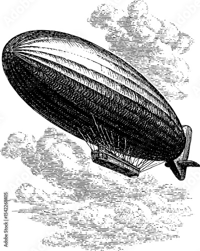Retro airship in vintage engraving style with pencil sketch details