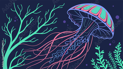 Illustration of a colorful jellyfish with long tentacles swimming near sea plants in the ocean water