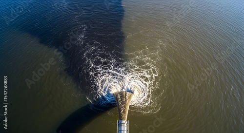 Water pollution from industry pipe. Stream of sewage from a sewer line creating dirty foam in the sea or lake. Waste discharge causing environmental impact.