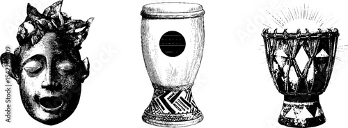 Traditional african artifacts with masks and drums for cultural design