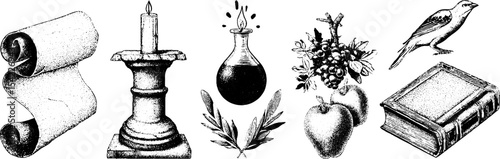 Vintage academic collection with inkwell, scroll, and quill design elements for educational themes