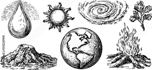 Alchemical earth glyphs and zodiac aquarius symbols collection for design