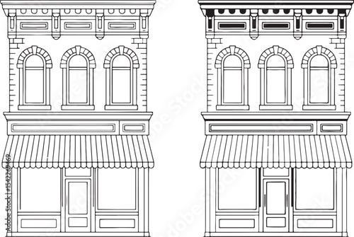 Two Black and White Line Drawings of a Two Story Building with Awning