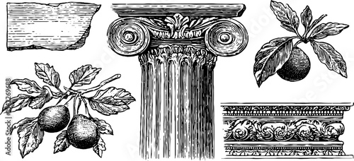 Ancient relief and inscriptions with classical column and ornamental details for historical design