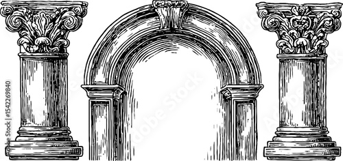 Architectural design elements featuring arched door frame and decorative column capitals for classical construction projects