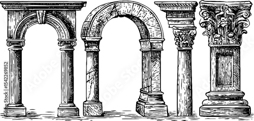 Architectural elements: arched door frames and column capitals for design projects