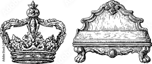 Set of arched headboard and decorative crown with engraved ivory design for home decor