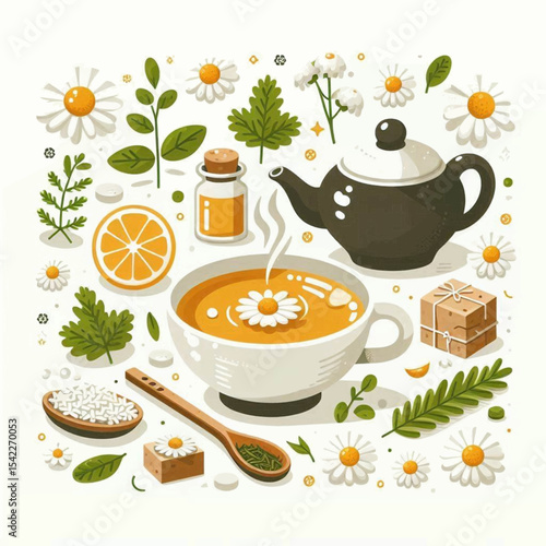 Tea setting teapot cup flowers lemon spoon leaves oil wrapped cube pills on a white surface