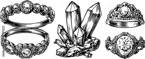 Vintage jewelry collection featuring art deco diamond bracelets and medieval gold rings