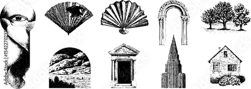 Art deco fan and arch collection with architectural elements and nature illustrations