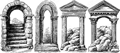 Art deco and roman architectural elements: staircase railing and frigidarium arches