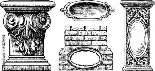 Ornate art nouveau cornice and roman rostrum base design elements for architectural inspiration