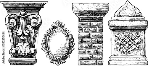 Art nouveau cornice and roman rostrum base design elements for architecture and decoration