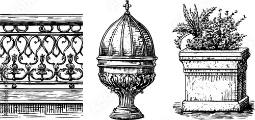 Elegant art nouveau wrought iron railing and classical architectural elements