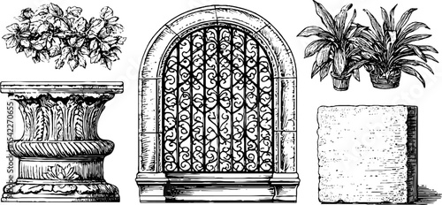 Art nouveau wrought iron design with architectural elements and botanical illustrations
