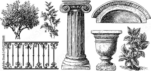 Art nouveau wrought iron railing and decorative elements for historical design concepts