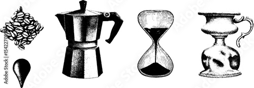Vintage coffee tools and accessories collection for cafe or kitchen decor